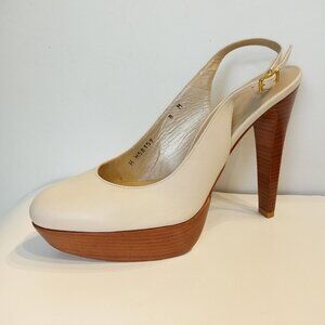 STUART WEITZMAN Slingback Pumps  Leather   Ivory  8M  Chunky Wood Sole Stilettos